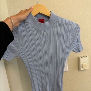 HUGO Blue Ribbed Short Sleeve Blouse with Mandarin Collar